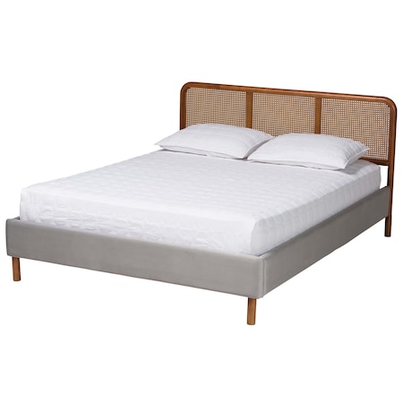 Baxton Studio Rosita Mid-Century Modern Light Grey Velvet Fabric and Walnut Brown Finished Platform Bed-Queen 242-13530-ZORO
